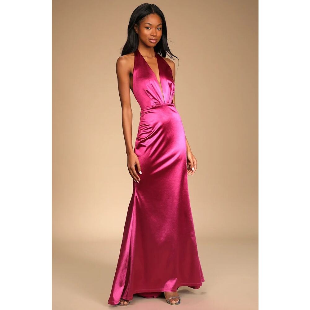 NWT Lulus Beguiling Beauty Magenta Satin Halter Mermaid Maxi Dress Formal XL